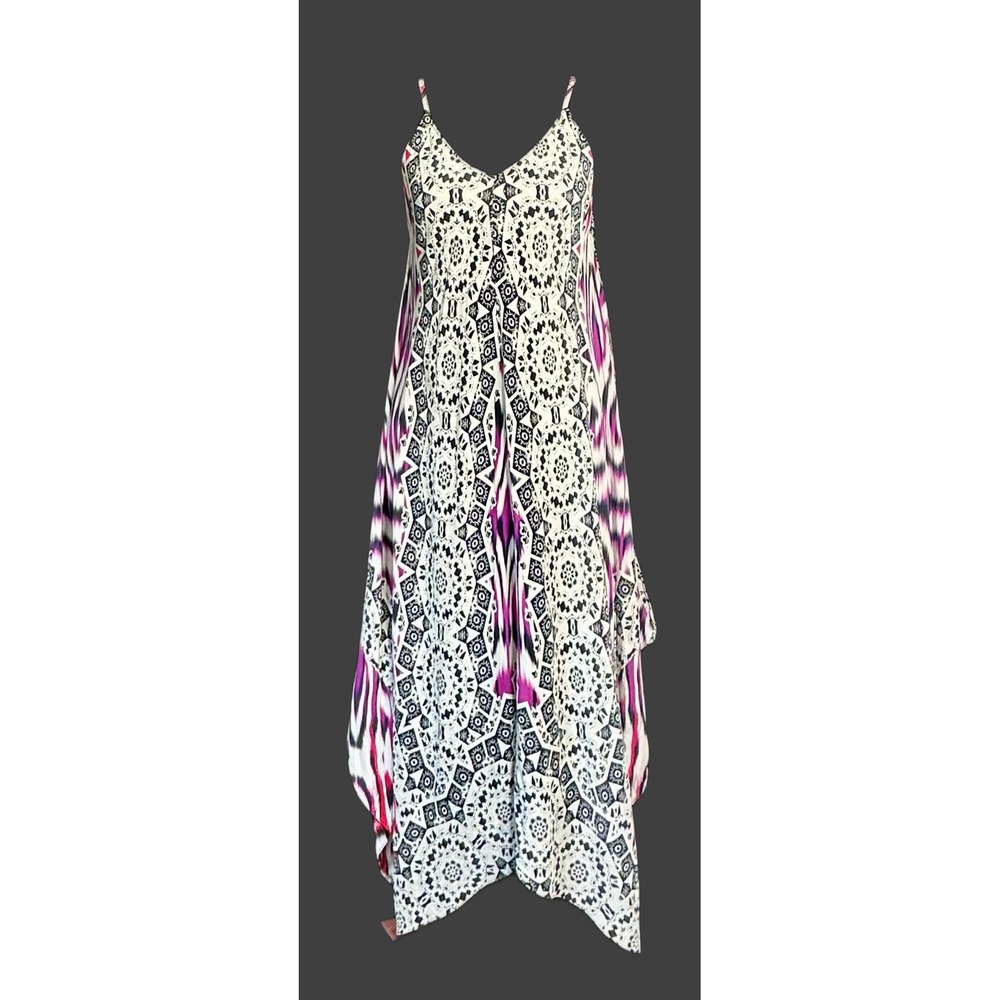 Charlie Jade Silk Maxi Dress Magenta Blk White Ikat Handkerchief Hem C2741-2569